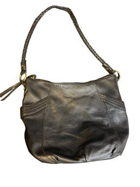The Sak Black Leather Shoulder Bag Braided Strap Boho Design Gold Hardware